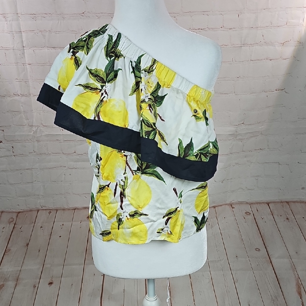 White and Yellow Asymmetrical Ruffled Sleeveless Blouse